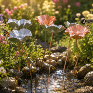 Attrape-pluie fleur zinc cuivre – Bain d’oiseau jardin